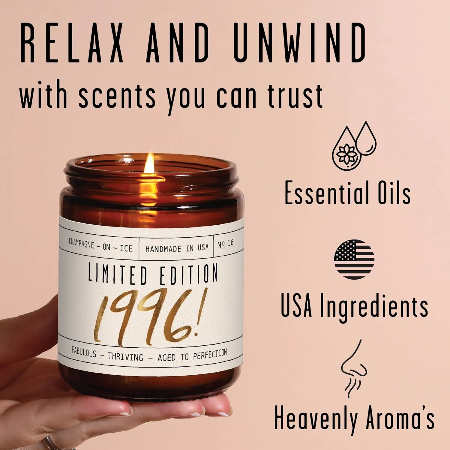 29th Birthday Gifts for Women - 'Limited Edition 1996' Soy Candle, w/Champagne on Ice I 29 Birthday Gifts for Women I 29st Birthday Gift for Her Ideas I 9oz Reusable Jar, 50Hr Burn, Made in USA