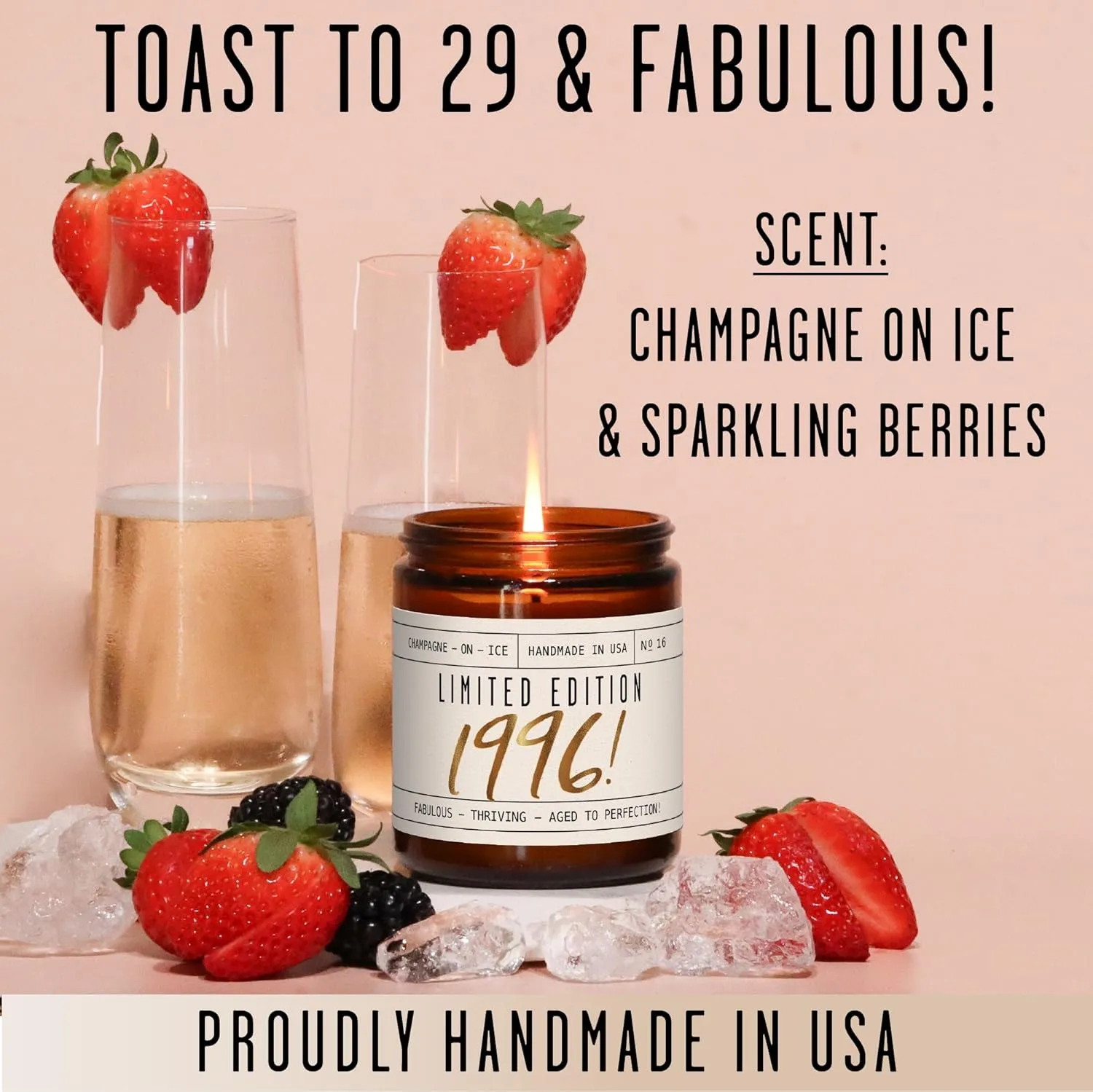 29th Birthday Gifts for Women - 'Limited Edition 1996' Soy Candle, w/Champagne on Ice I 29 Birthday Gifts for Women I 29st Birthday Gift for Her Ideas I 9oz Reusable Jar, 50Hr Burn, Made in USA