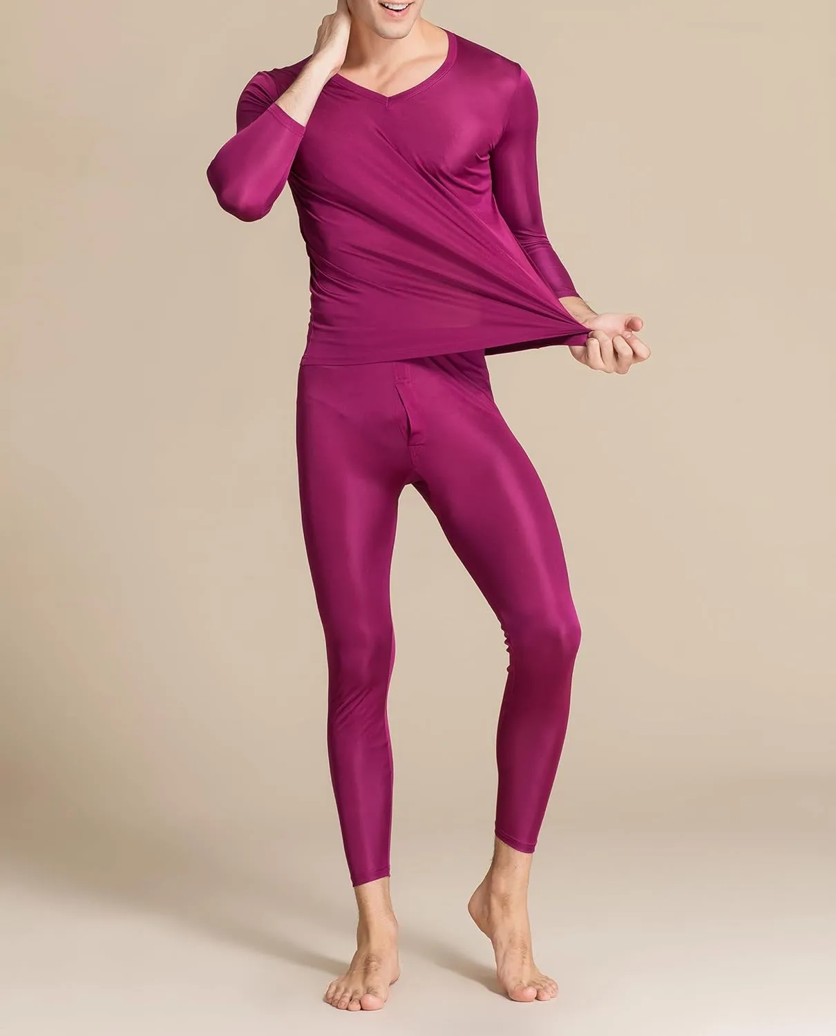 2Pcs Mens Pure Silk Winter Thermal Set Soft Underwear Base Longsleeve Johns Set Crew V Neck Silk Shirt Pants