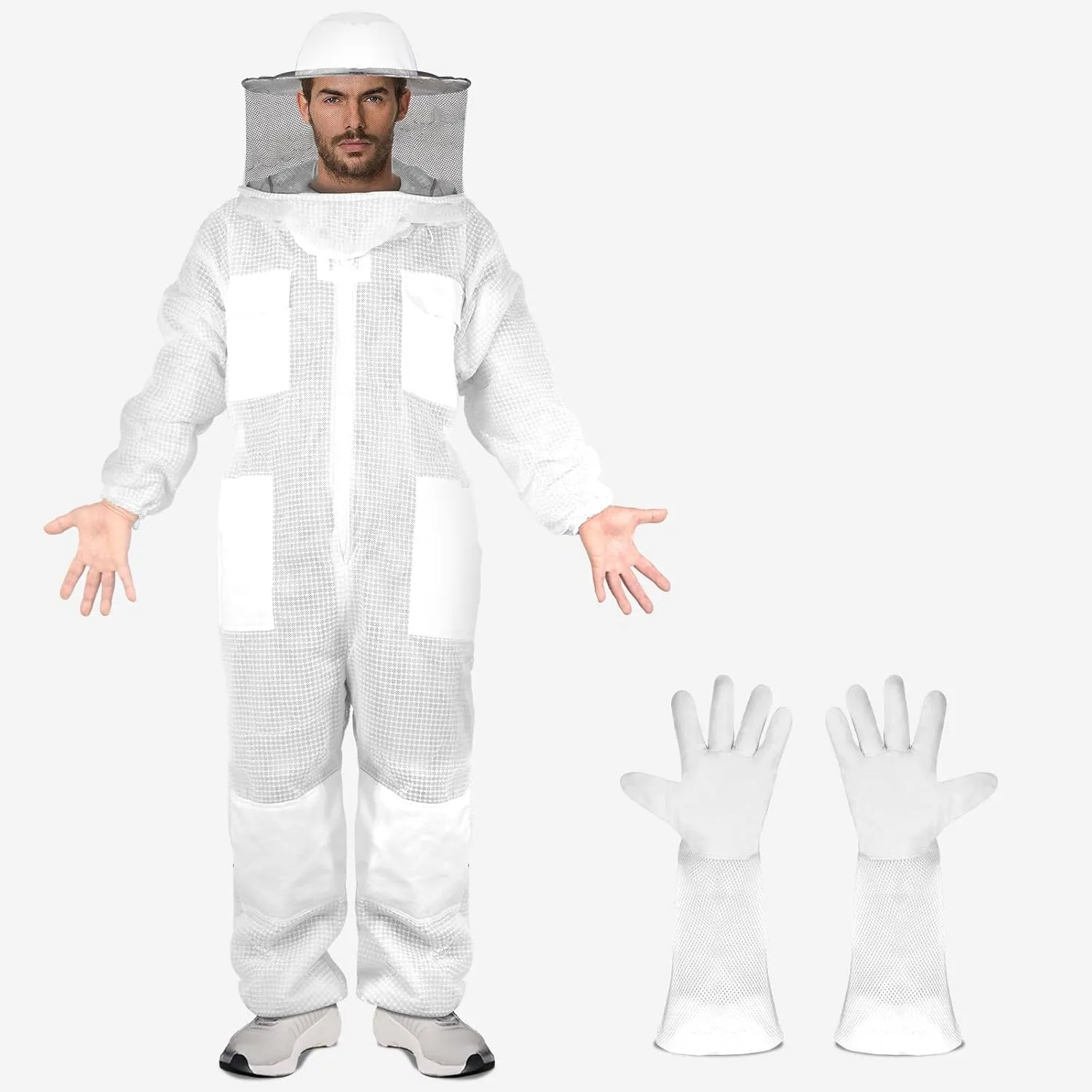 3 Layer Professional Beekeeping Suit with Veil and Gloves, Full Body Protection, Ventilated Mesh Design, White