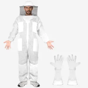 3 Layer Professional Beekeeping Suit with Veil and Gloves, Full Body Protection, Ventilated Mesh Design, White