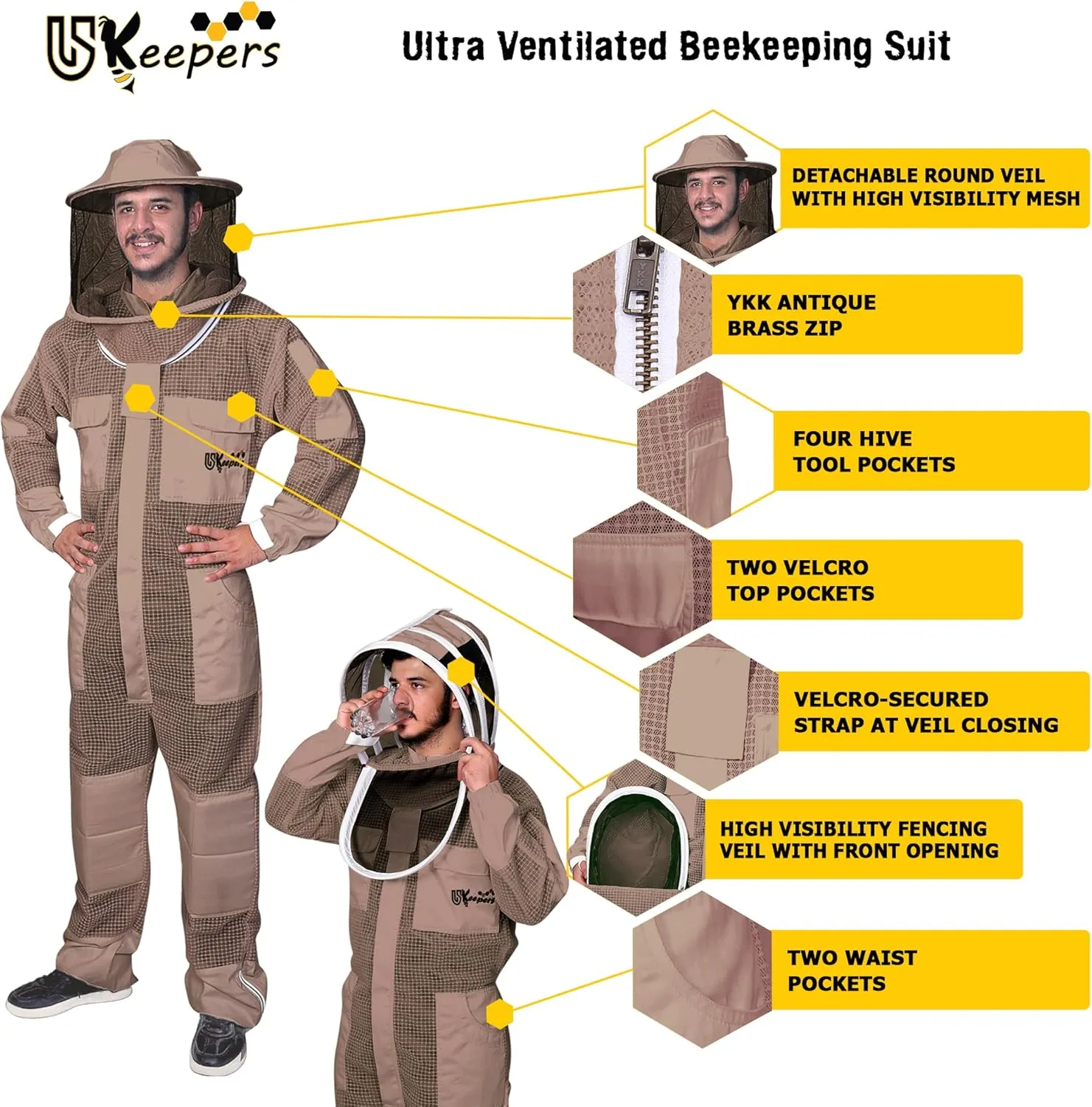 3-Layer Ultra Ventilated Bee Suit for Men & Women – Premium Beekeeping Suit with Bee Gloves & Two Detachable Beekeeping Veils (Brown 4XL)