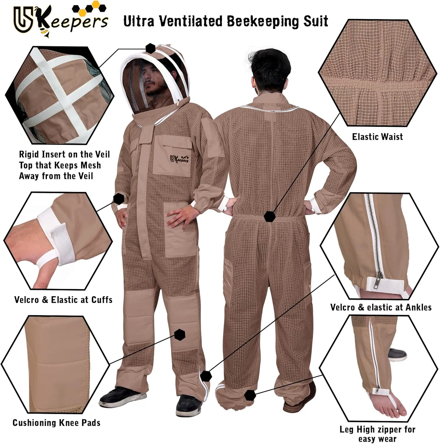 3-Layer Ultra Ventilated Bee Suit for Men & Women – Premium Beekeeping Suit with Bee Gloves & Two Detachable Beekeeping Veils (Brown 4XL)