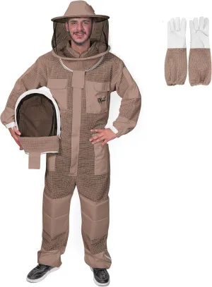 3-Layer Ultra Ventilated Bee Suit for Men & Women – Premium Beekeeping Suit with Bee Gloves & Two Detachable Beekeeping Veils (Brown 4XL)