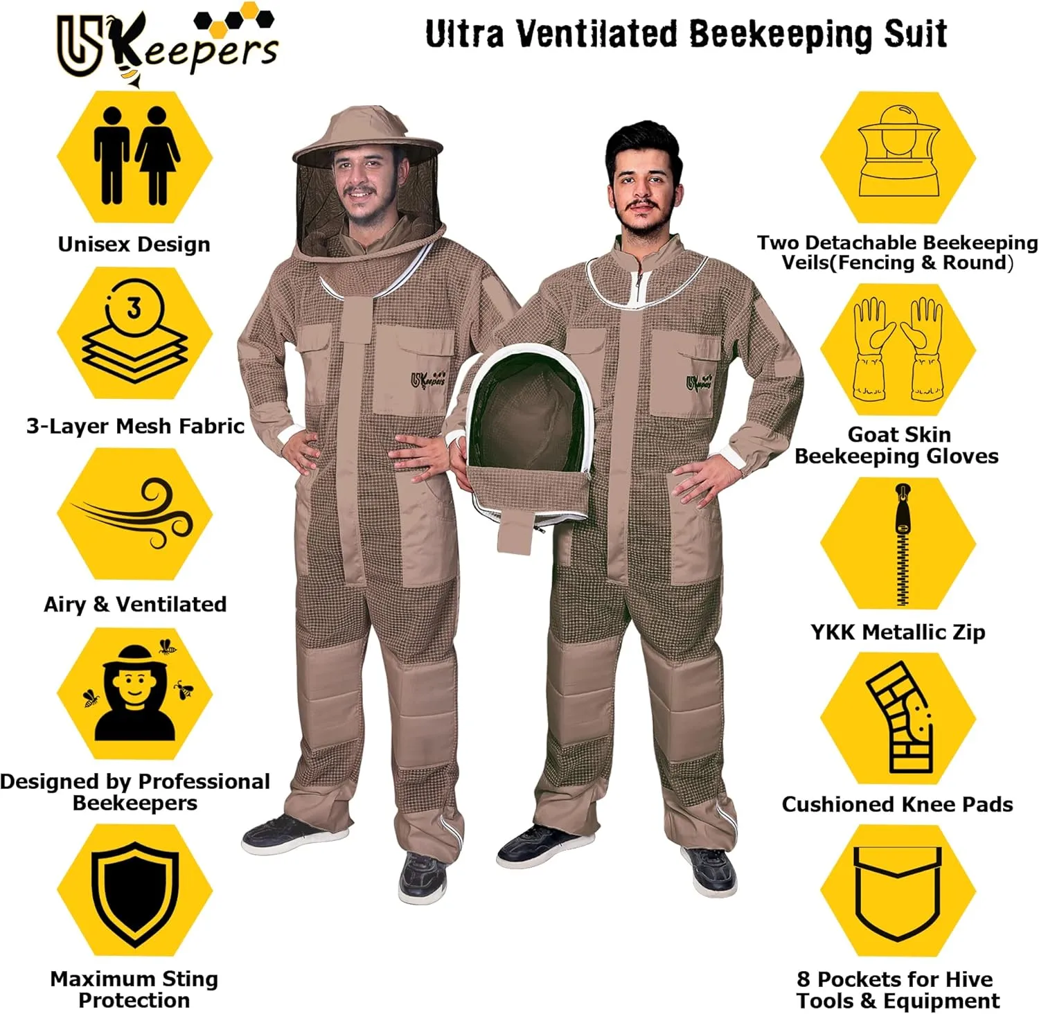 3-Layer Ultra Ventilated Bee Suit for Men & Women – Premium Beekeeping Suit with Bee Gloves & Two Detachable Beekeeping Veils (Brown 4XL)