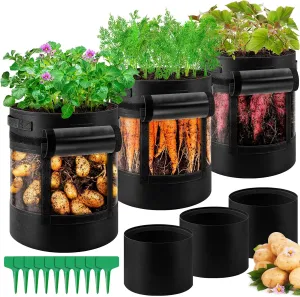 3 Pack 15 Gallon 360° Visibility Potato Grow Bags with Shading Flap, Plant Grow Bags for Growing Potatoes Heavy Duty Thickened Nonwoven Fabric Gardening Vegetable Growing Bags with Harvest Window
