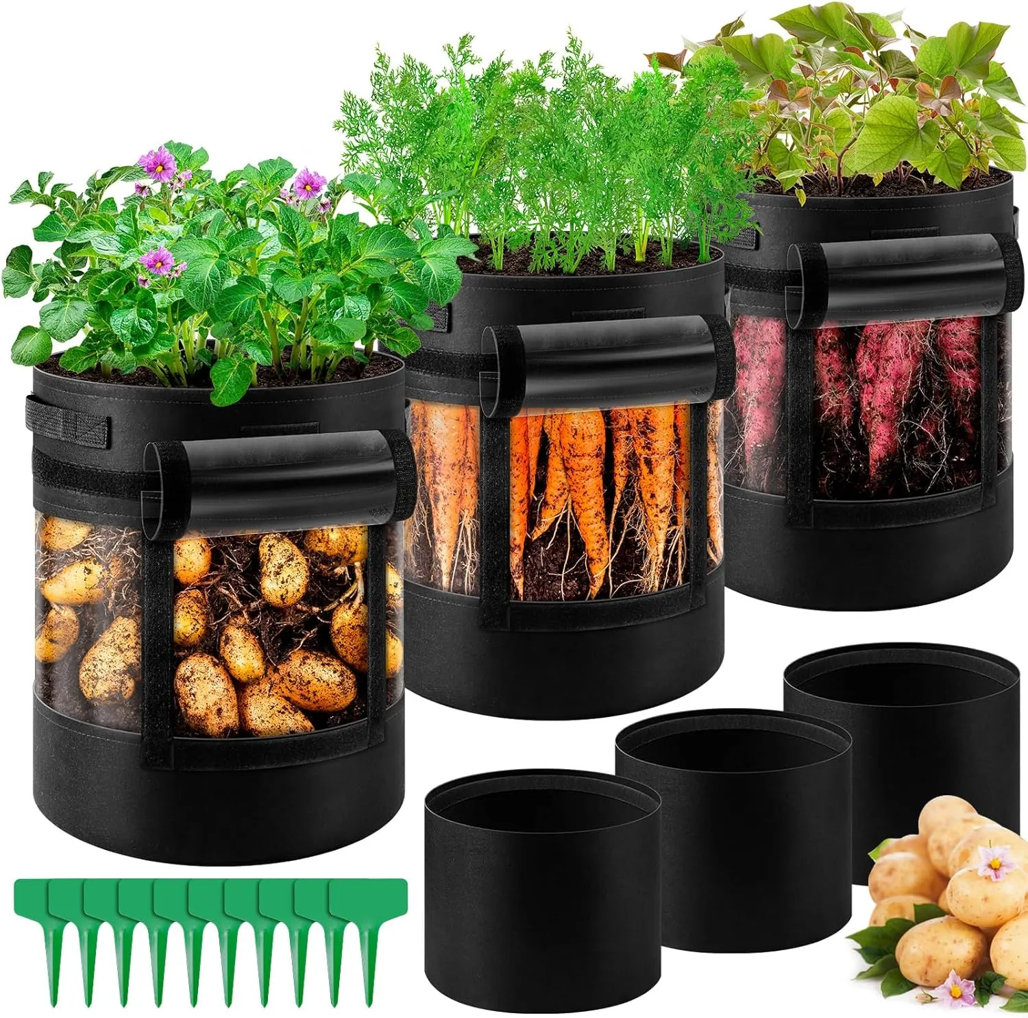 3 Pack 15 Gallon 360° Visibility Potato Grow Bags with Shading Flap, Plant Grow Bags for Growing Potatoes Heavy Duty Thickened Nonwoven Fabric Gardening Vegetable Growing Bags with Harvest Window