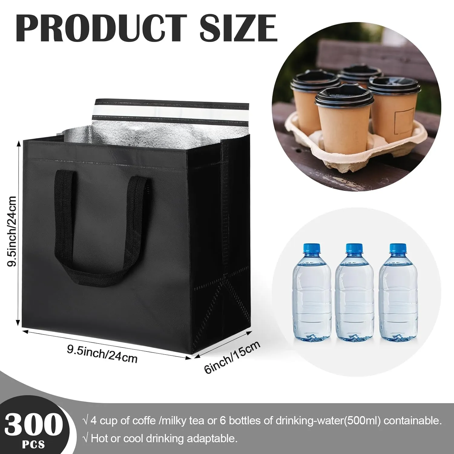300 Pcs Insulated Take Away Bags Bulk Thermal Insulation Food for Coffee Milk Tea Hot Cold Food Fresh Seafood Cooler Pizza Delivery Bags for Catering Restaurant Grocery (Black)