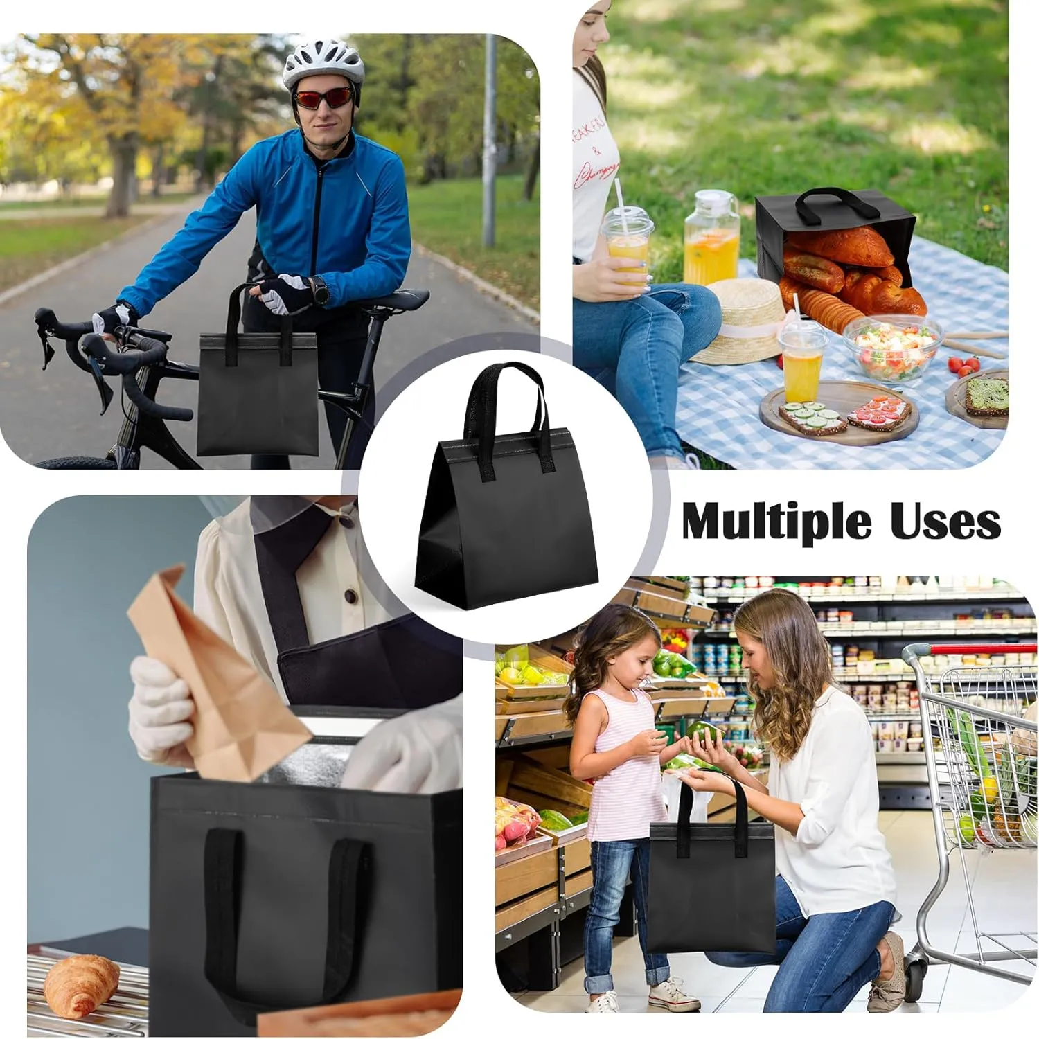 300 Pcs Insulated Take Away Bags Bulk Thermal Insulation Food for Coffee Milk Tea Hot Cold Food Fresh Seafood Cooler Pizza Delivery Bags for Catering Restaurant Grocery (Black)