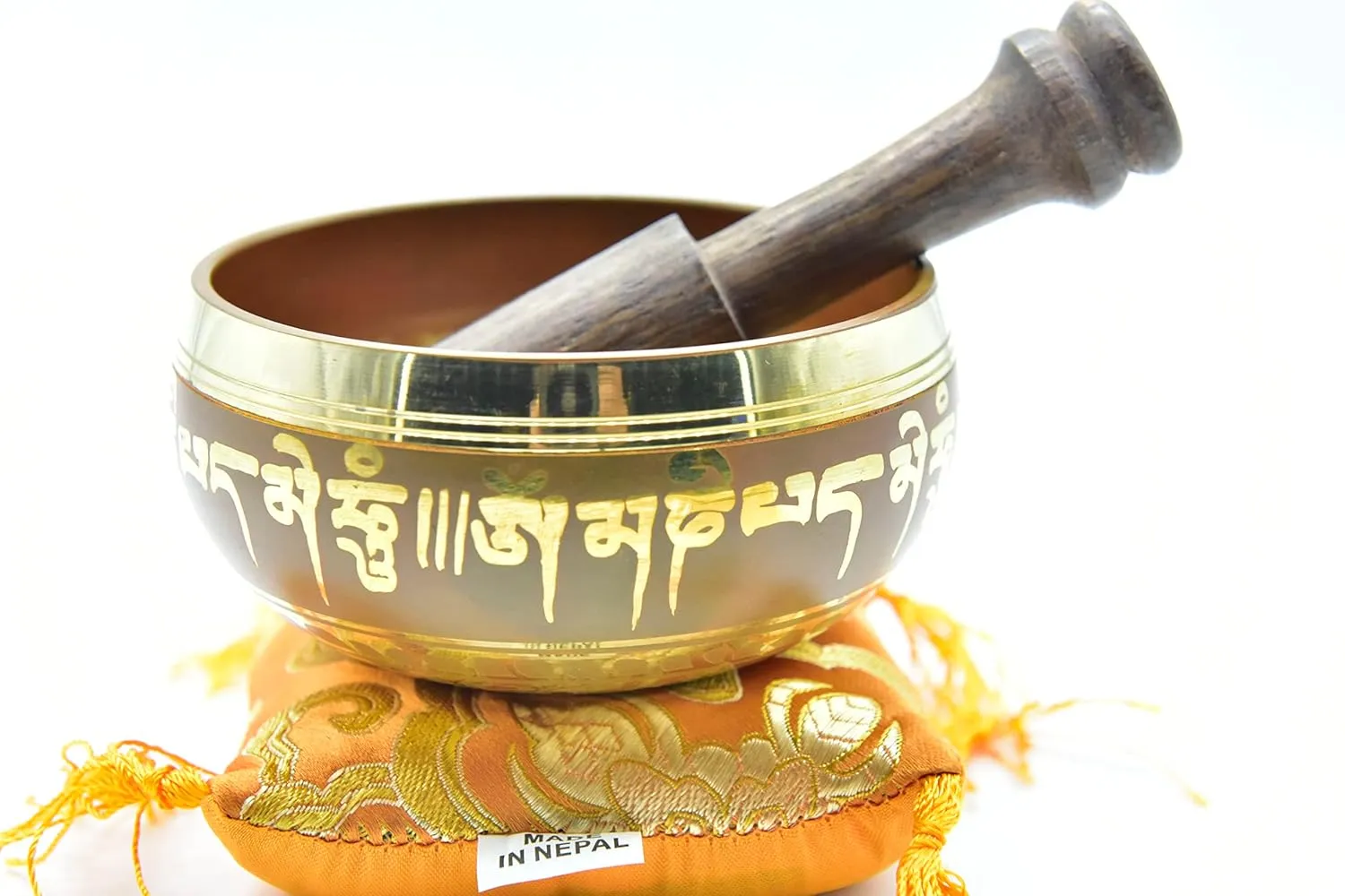 3.75" Tibetan Meditation Yoga Singing Bowl Green Set with free Wooden Mallet and Silk Cushion from Nepal, Singing bowls. (Orange)
