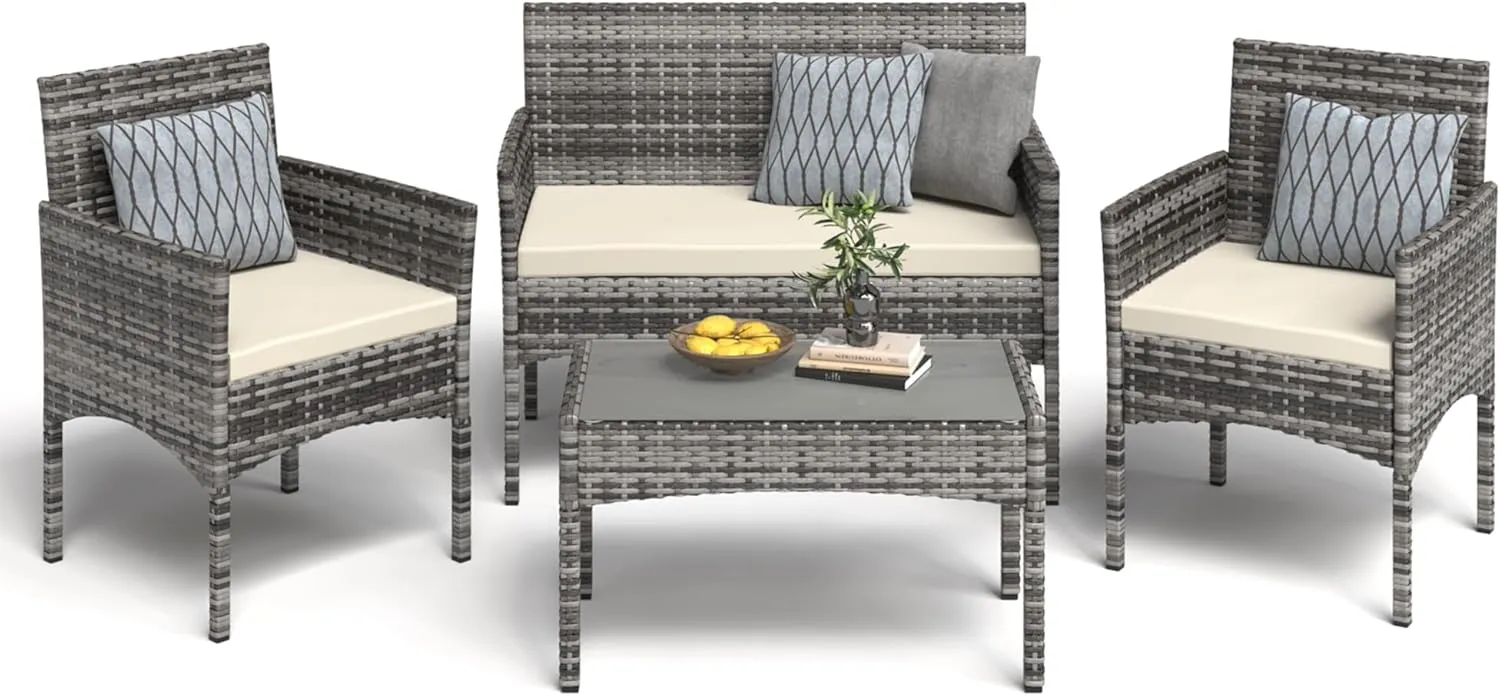 4 Pieces Patio Furniture Set, Outdoor Wicker Rattan Patio Conversation Furniture Set with Waterproof Cushion and Table for Lawn Poolside Backyard Garden Balcony Porch