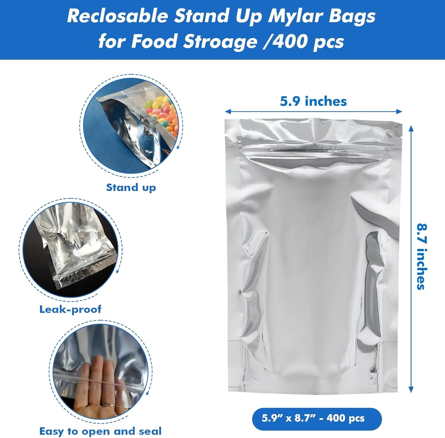 400-Pack Reclosable Large Mylar Bags for Food Storage 6" x 9" Stand Up Ziplock Pouch Bags in Bulk Resealable Smell Proof Aluminum Silver Foil Bags with Clear Window Kitchen Storage Edible Packaging