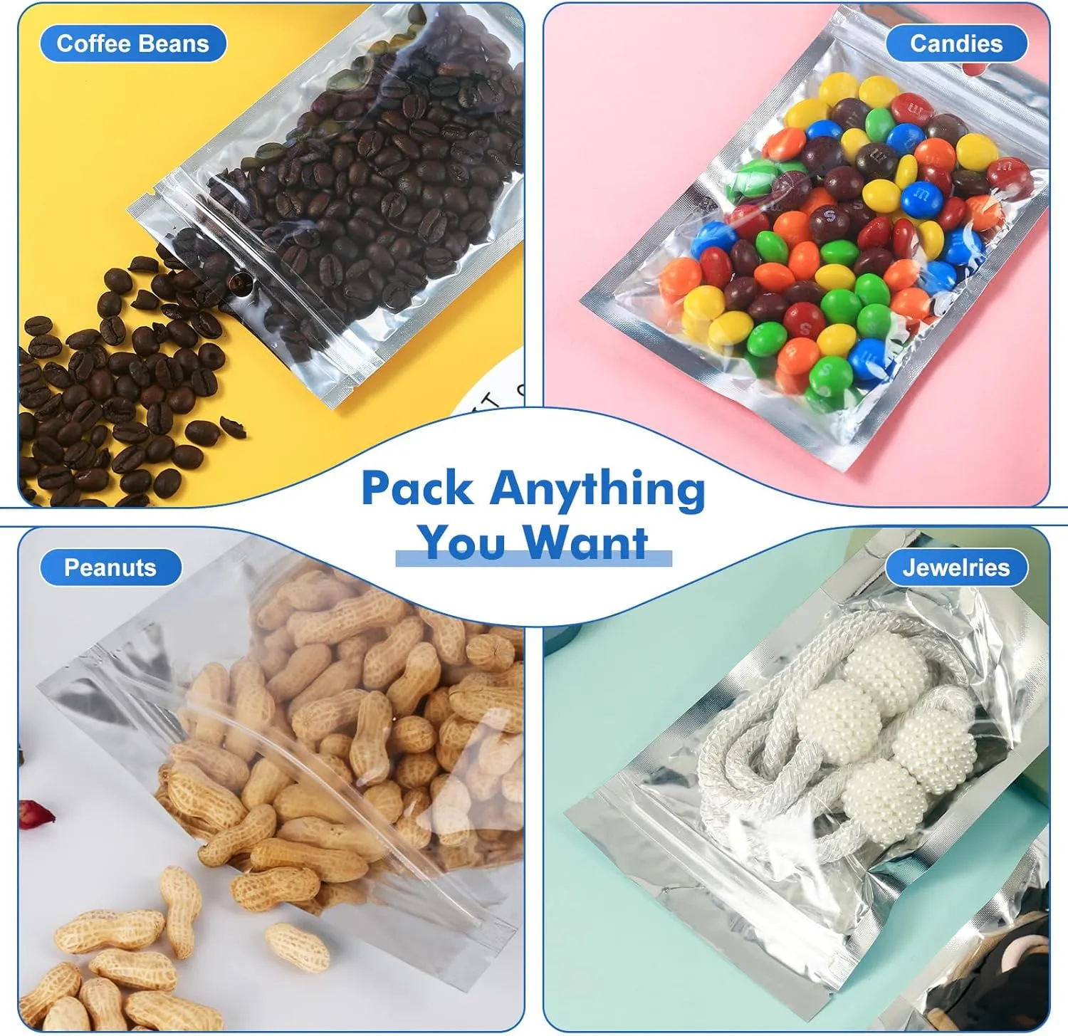 400-Pack Reclosable Large Mylar Bags for Food Storage 6" x 9" Stand Up Ziplock Pouch Bags in Bulk Resealable Smell Proof Aluminum Silver Foil Bags with Clear Window Kitchen Storage Edible Packaging