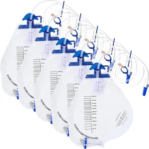 5 Pcs 2000ml Catheter Bags, Urinary Drainage Bag with Anti Reflux Chamber, Hook, Hanging Rope, Sheet Clip, Leakproof Splash Drain Spout Urine Bags