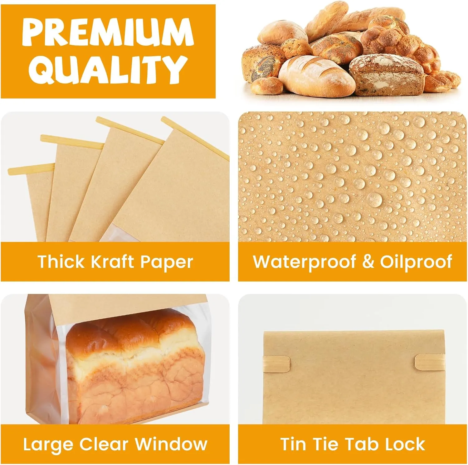 50 Pack Bread Bags for Homemade Sourdough Bread, 8.7x4.3x11 Inches Tin Tie Tab Lock Large Bakery Bag with Window Kraft Paper Packaging Bags for Gifting & Bake Sale