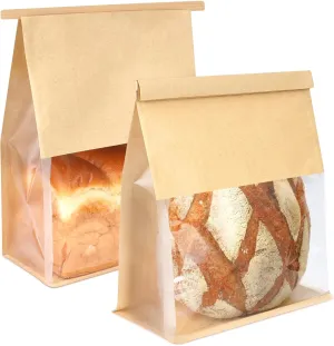 50 Pack Bread Bags for Homemade Sourdough Bread, 8.7x4.3x11 Inches Tin Tie Tab Lock Large Bakery Bag with Window Kraft Paper Packaging Bags for Gifting & Bake Sale