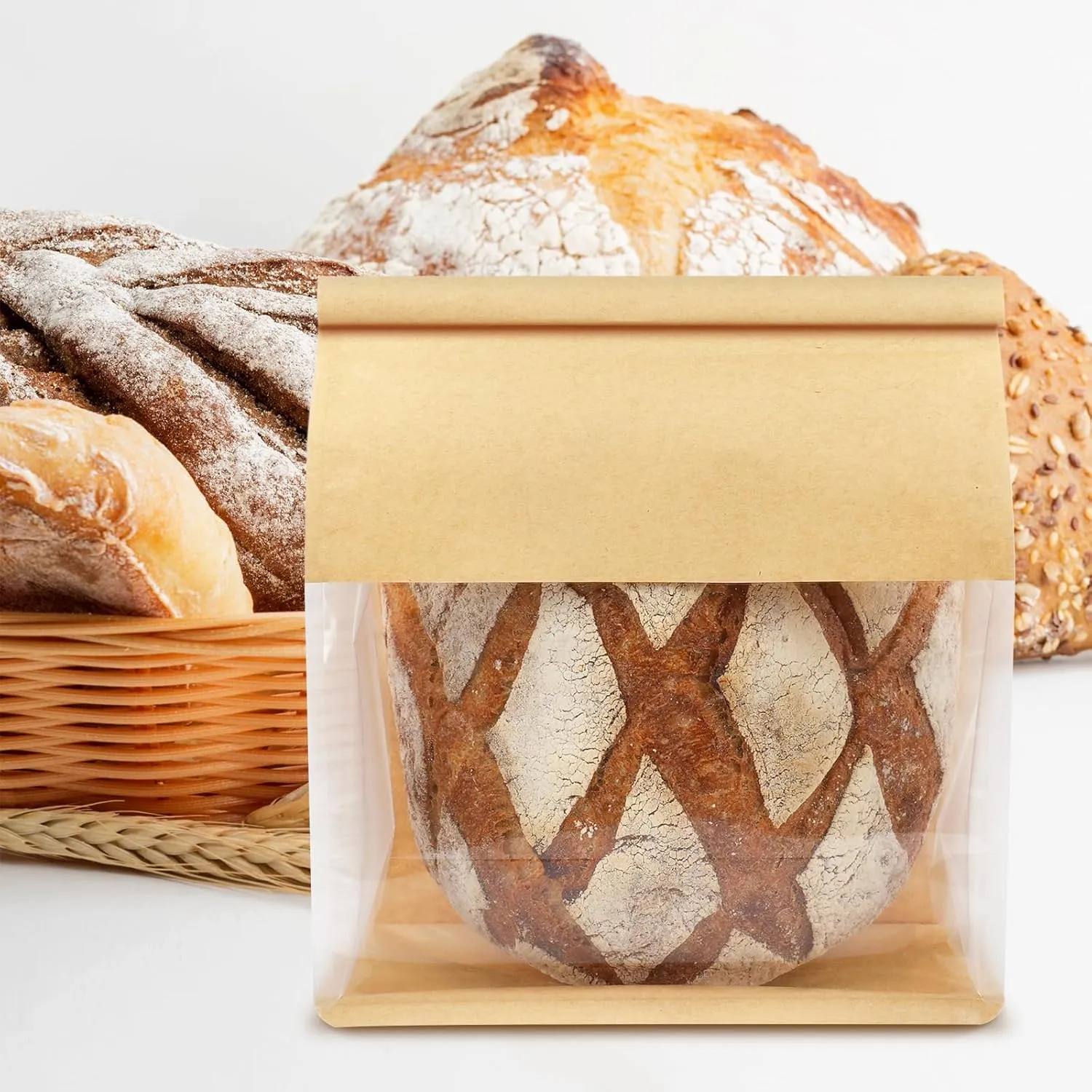 50 Pack Bread Bags for Homemade Sourdough Bread, 8.7x4.3x11 Inches Tin Tie Tab Lock Large Bakery Bag with Window Kraft Paper Packaging Bags for Gifting & Bake Sale