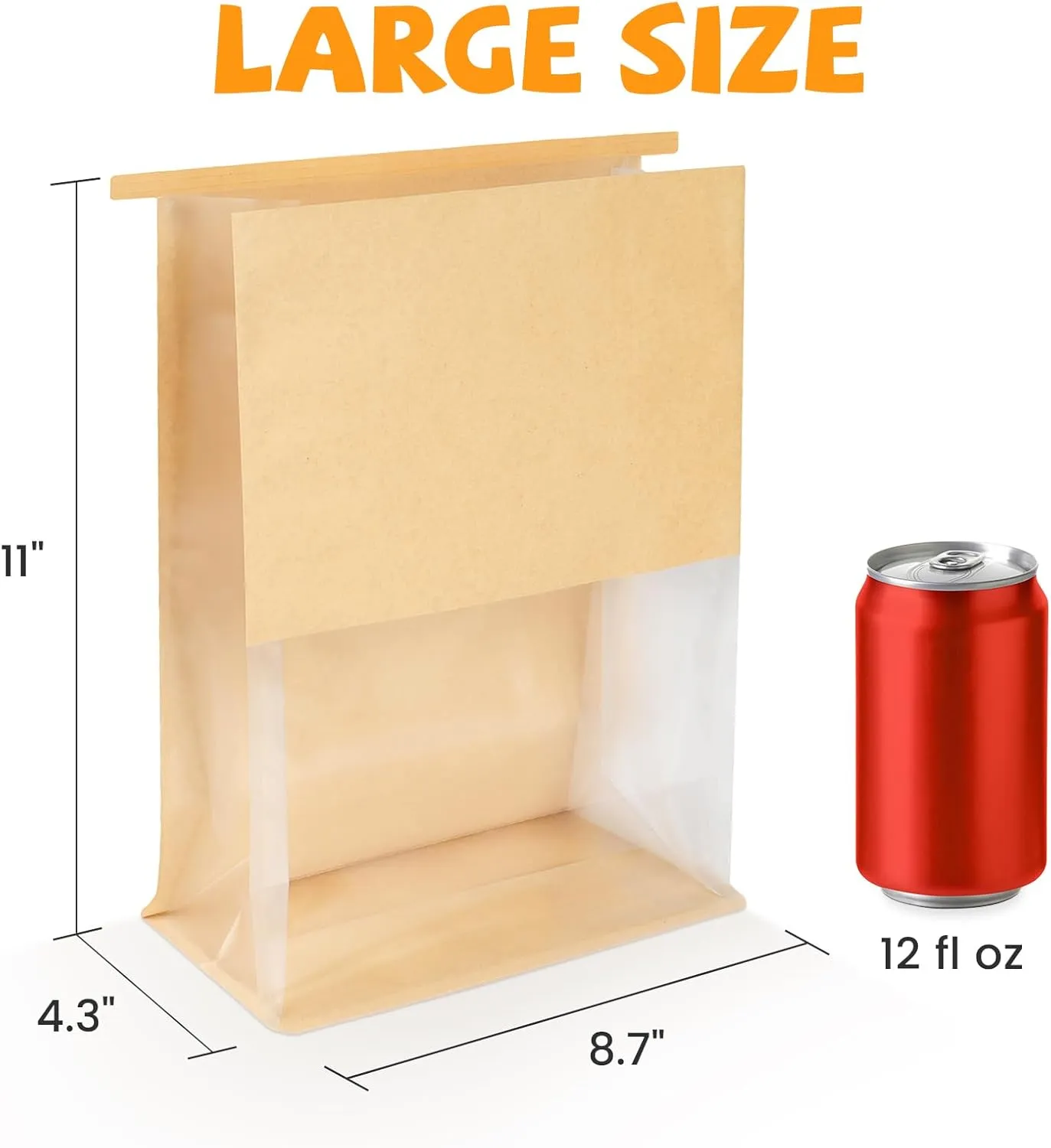50 Pack Bread Bags for Homemade Sourdough Bread, 8.7x4.3x11 Inches Tin Tie Tab Lock Large Bakery Bag with Window Kraft Paper Packaging Bags for Gifting & Bake Sale
