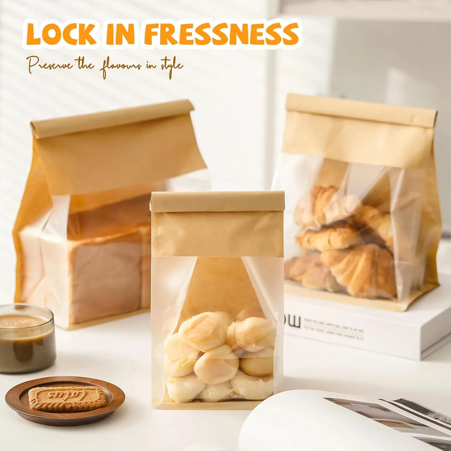 50 Pack Bread Bags for Homemade Sourdough Bread, 8.7x4.3x11 Inches Tin Tie Tab Lock Large Bakery Bag with Window Kraft Paper Packaging Bags for Gifting & Bake Sale