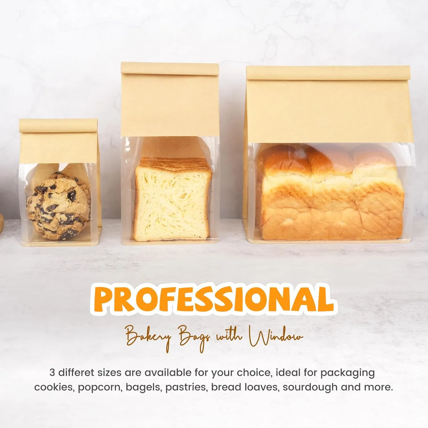 50 Pack Bread Bags for Homemade Sourdough Bread, 8.7x4.3x11 Inches Tin Tie Tab Lock Large Bakery Bag with Window Kraft Paper Packaging Bags for Gifting & Bake Sale
