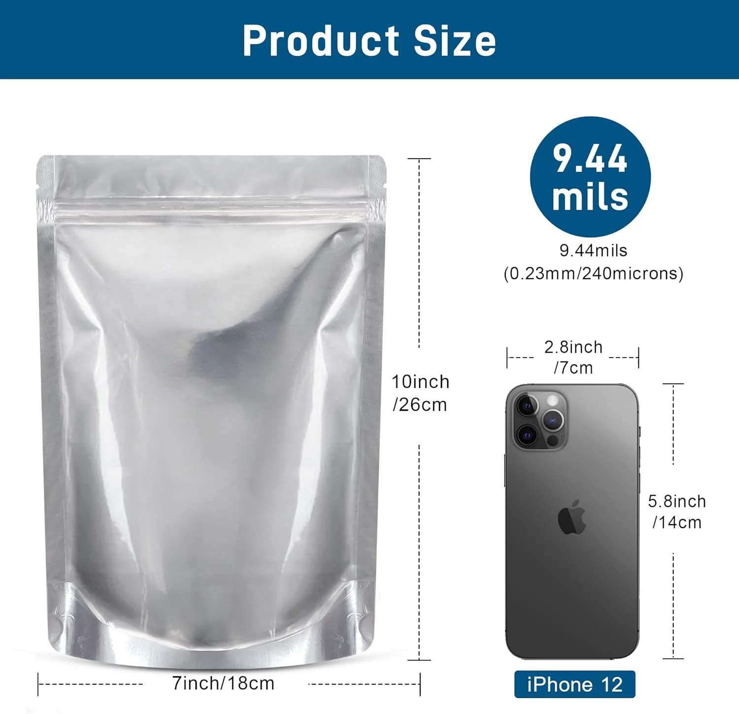 50 Packs Mylar Bags for Food Storage with Clear Window,1 QUART(9.44 Mil, 7"x 10") Reusable Mylar Bags with 400CC Oxygen Absorber for Grains, Wheat, Rice, Legumes, Meat Long Term Food Storage