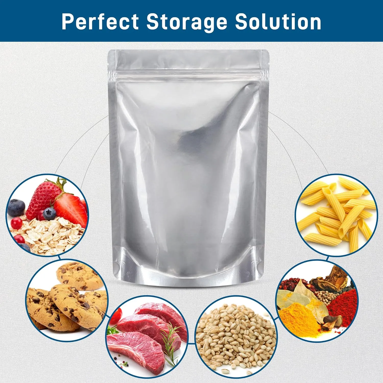 50 Packs Mylar Bags for Food Storage with Clear Window,1 QUART(9.44 Mil, 7"x 10") Reusable Mylar Bags with 400CC Oxygen Absorber for Grains, Wheat, Rice, Legumes, Meat Long Term Food Storage