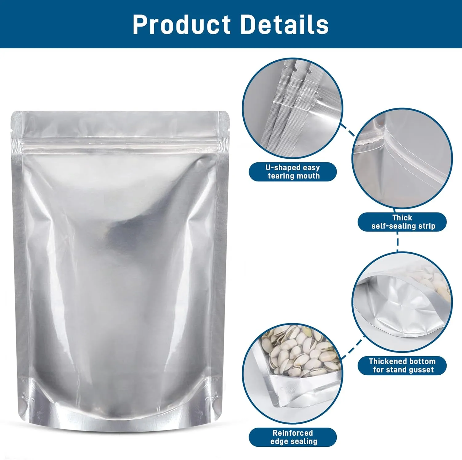 50 Packs Mylar Bags for Food Storage with Clear Window,1 QUART(9.44 Mil, 7"x 10") Reusable Mylar Bags with 400CC Oxygen Absorber for Grains, Wheat, Rice, Legumes, Meat Long Term Food Storage