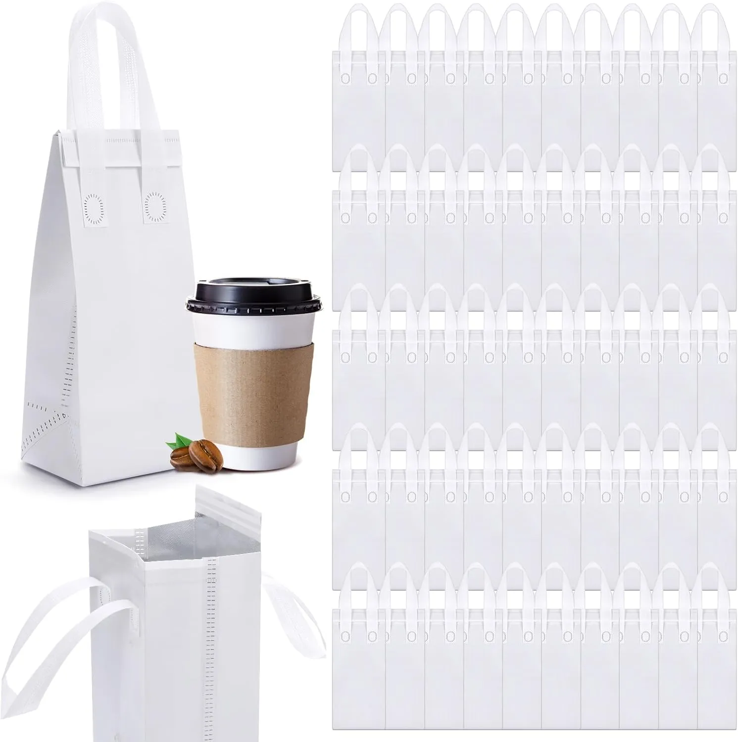 50 Pcs Insulated Single Cup Drink Carrier Bags Bulk Thermal Insulation Take Away Bags Portable Takeout Coffee Carrier Reusable Bags with Handle for Hot Cold Beverage Cooler Catering Grocery