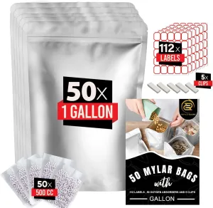 50pcs Gallon Mylar Bags with Oxygen Absorbers - 112 Labels & Stand-Up Reusable Airtight Smell Proof Resealable Bags with 5 Clips - 11 MIL Food Storage Large Mylar Bags
