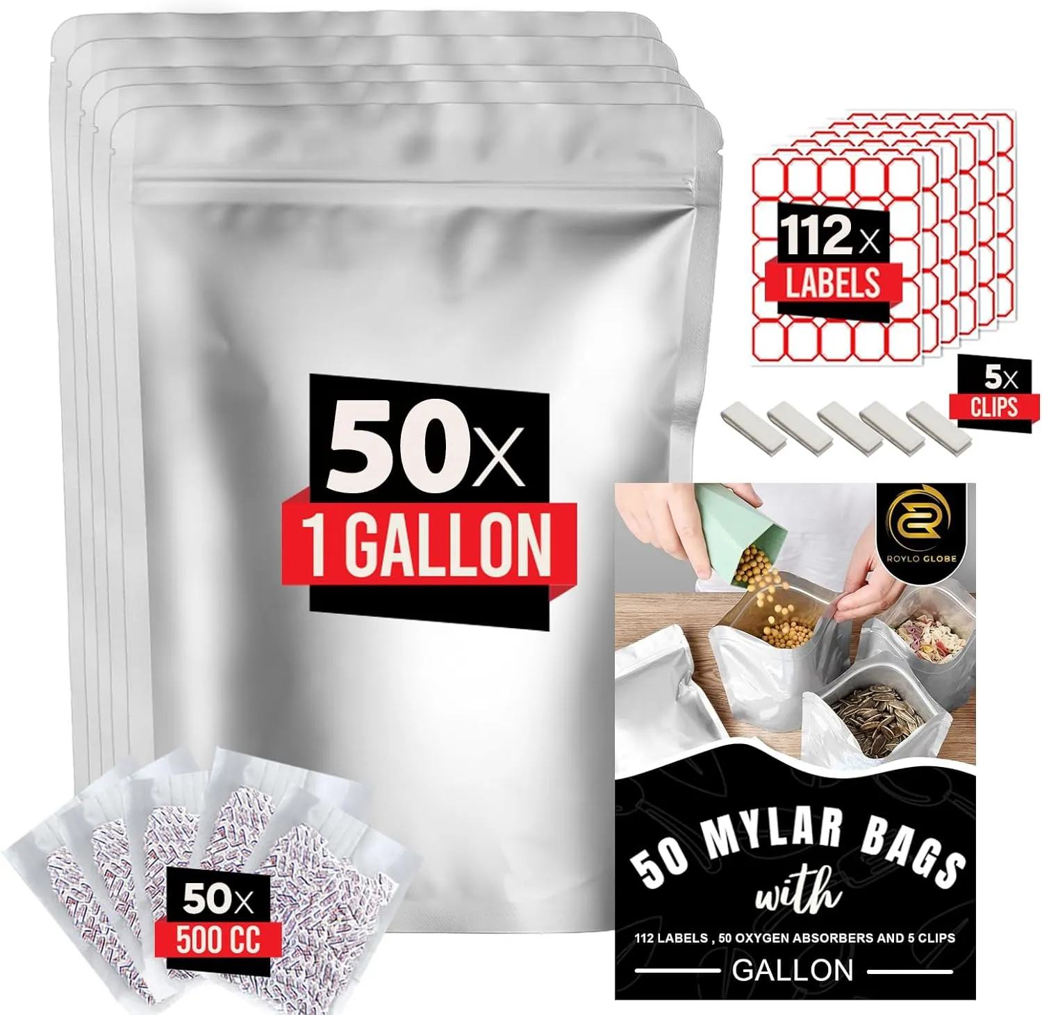 50pcs Gallon Mylar Bags with Oxygen Absorbers - 112 Labels & Stand-Up Reusable Airtight Smell Proof Resealable Bags with 5 Clips - 11 MIL Food Storage Large Mylar Bags