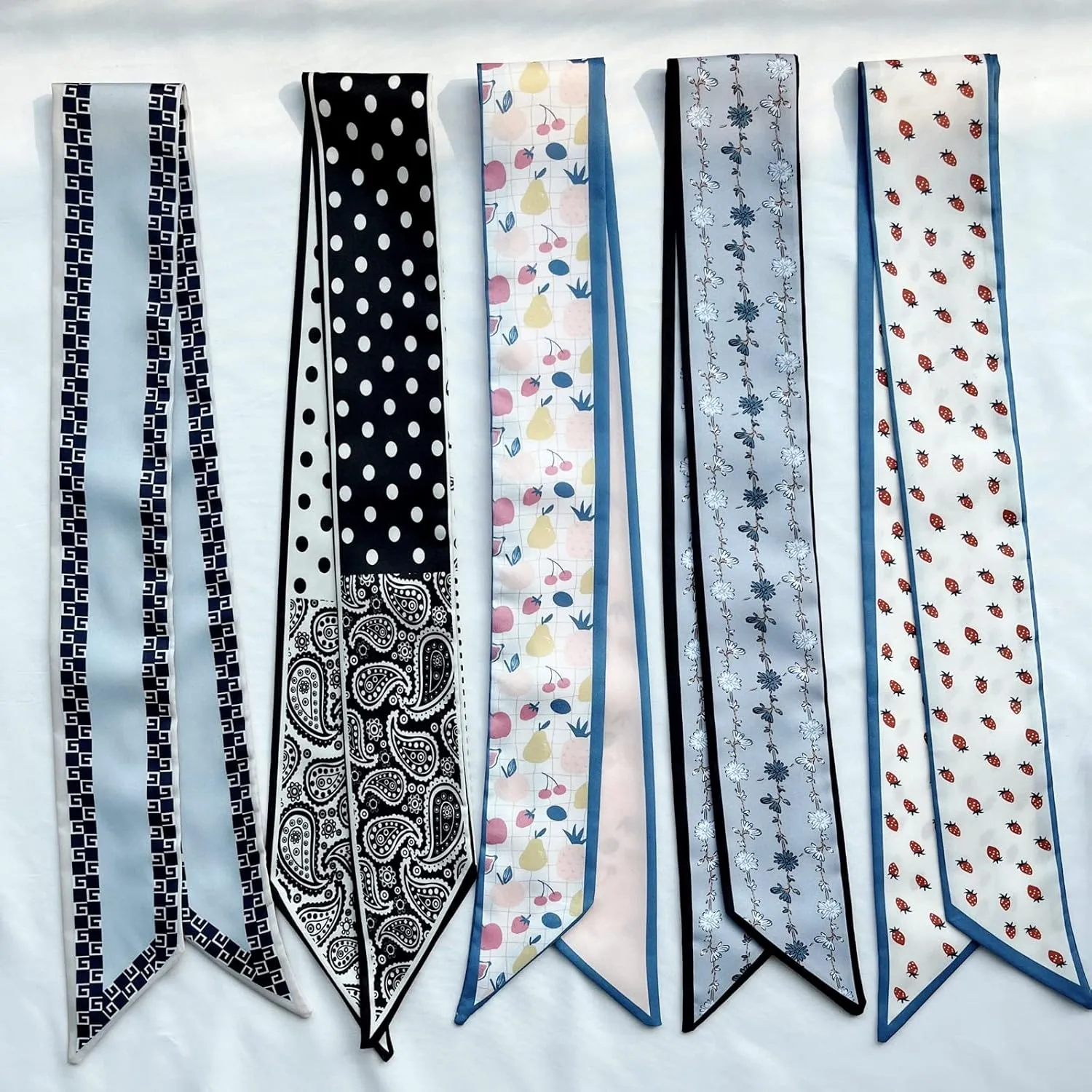 5PCS Floral Scarf for Bags Handbag Handle Ribbon Satin Neck Scarf Neckerchief Headbands Hair Scarf for Women Girls