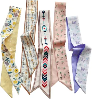 5PCS Floral Scarf for Bags Handbag Handle Ribbon Satin Neck Scarf Neckerchief Headbands Hair Scarf for Women Girls