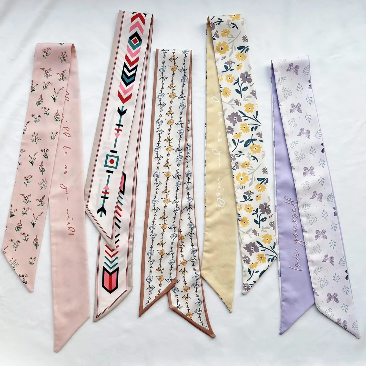 5PCS Floral Scarf for Bags Handbag Handle Ribbon Satin Neck Scarf Neckerchief Headbands Hair Scarf for Women Girls
