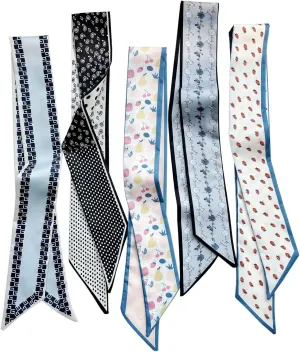 5PCS Floral Scarf for Bags Handbag Handle Ribbon Satin Neck Scarf Neckerchief Headbands Hair Scarf for Women Girls