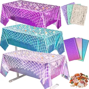 6 Pcs Fish Net Decorations and Tablecloth Set, Ocean Plastic Foil Table Cloth and Cotton Fish Net Decorations Set for Nautical Themed Party Mermaid Birthday Party Baby Shower Pirate Decorations