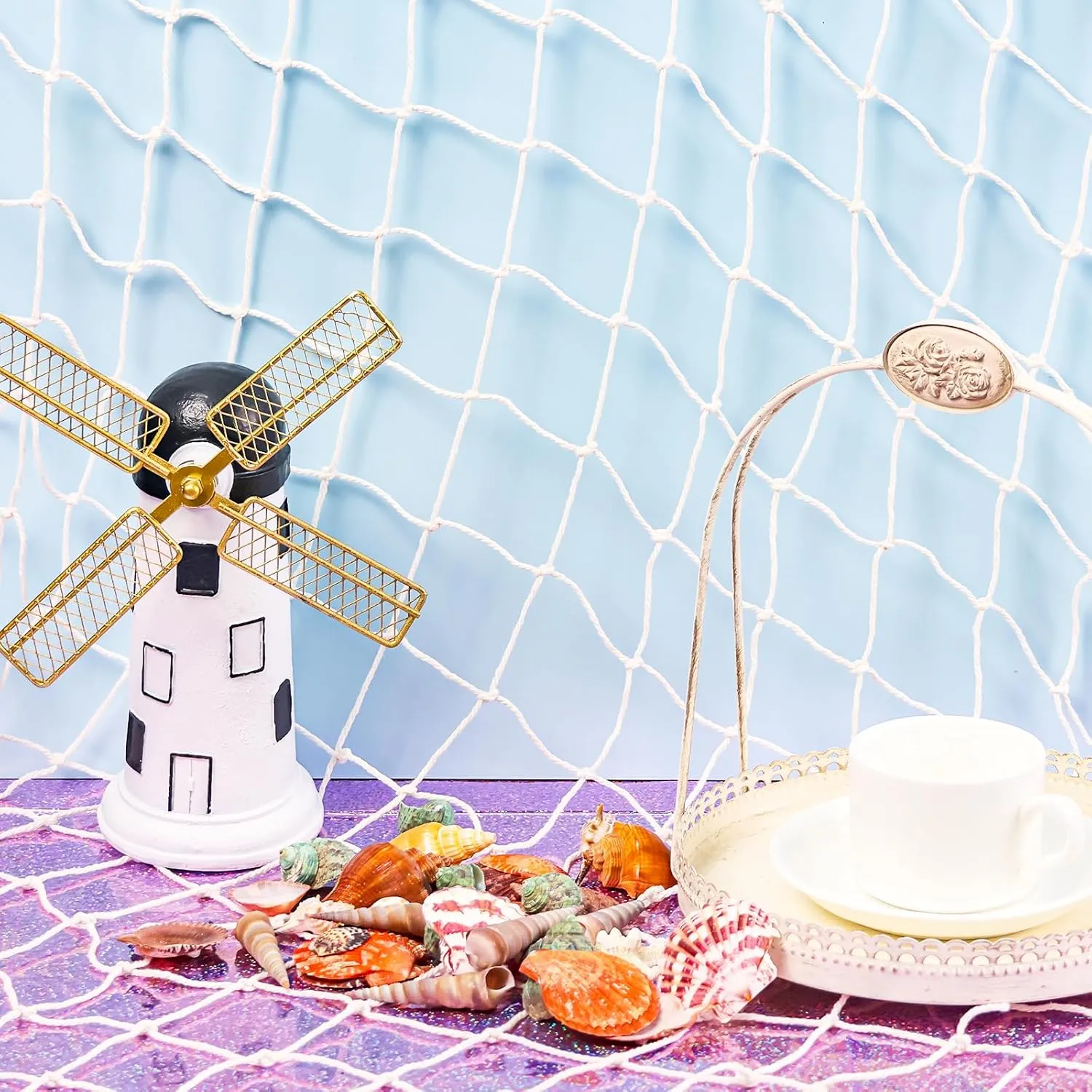 6 Pcs Fish Net Decorations and Tablecloth Set, Ocean Plastic Foil Table Cloth and Cotton Fish Net Decorations Set for Nautical Themed Party Mermaid Birthday Party Baby Shower Pirate Decorations