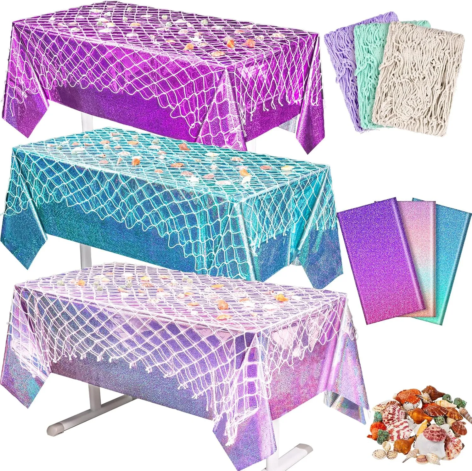 6 Pcs Fish Net Decorations and Tablecloth Set, Ocean Plastic Foil Table Cloth and Cotton Fish Net Decorations Set for Nautical Themed Party Mermaid Birthday Party Baby Shower Pirate Decorations