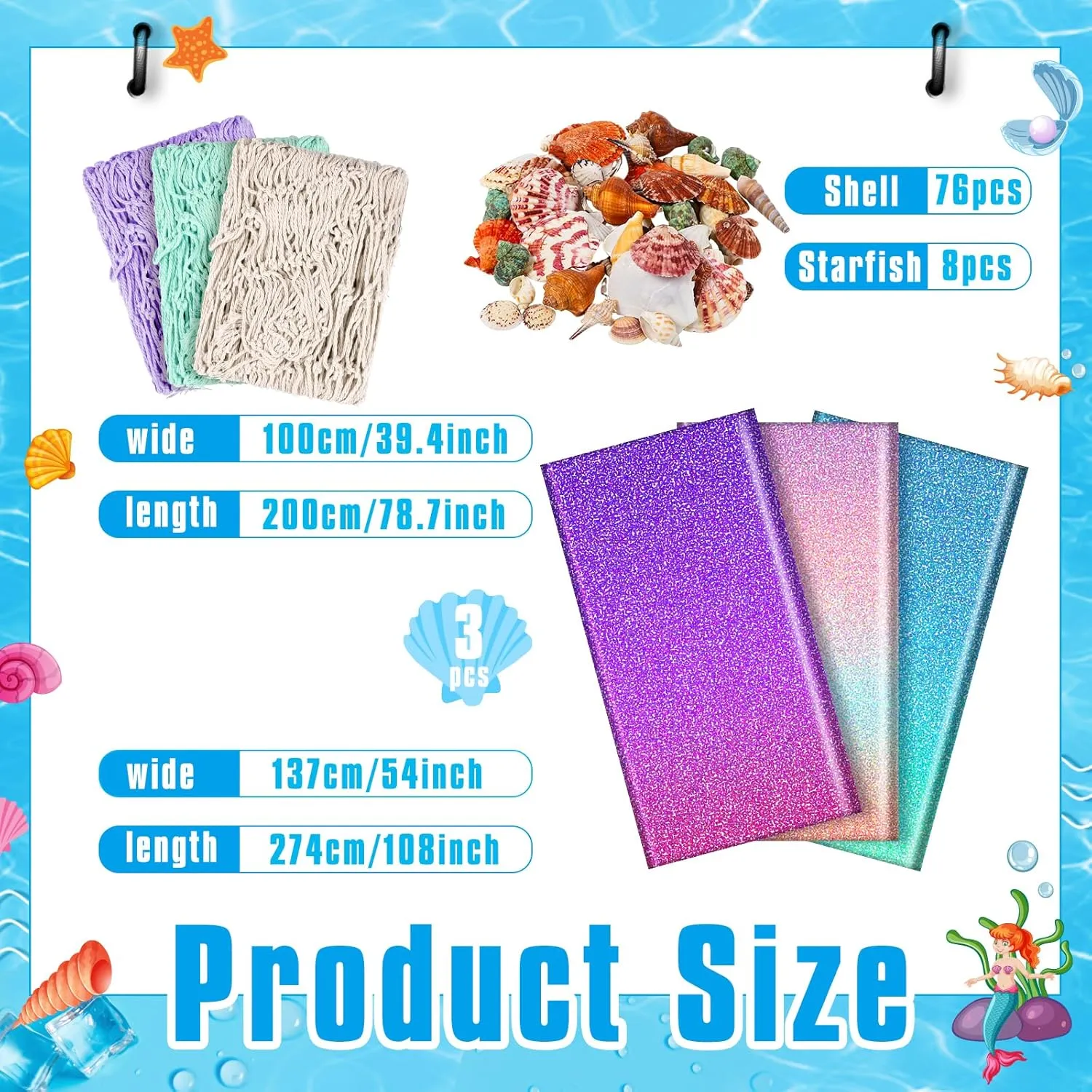 6 Pcs Fish Net Decorations and Tablecloth Set, Ocean Plastic Foil Table Cloth and Cotton Fish Net Decorations Set for Nautical Themed Party Mermaid Birthday Party Baby Shower Pirate Decorations