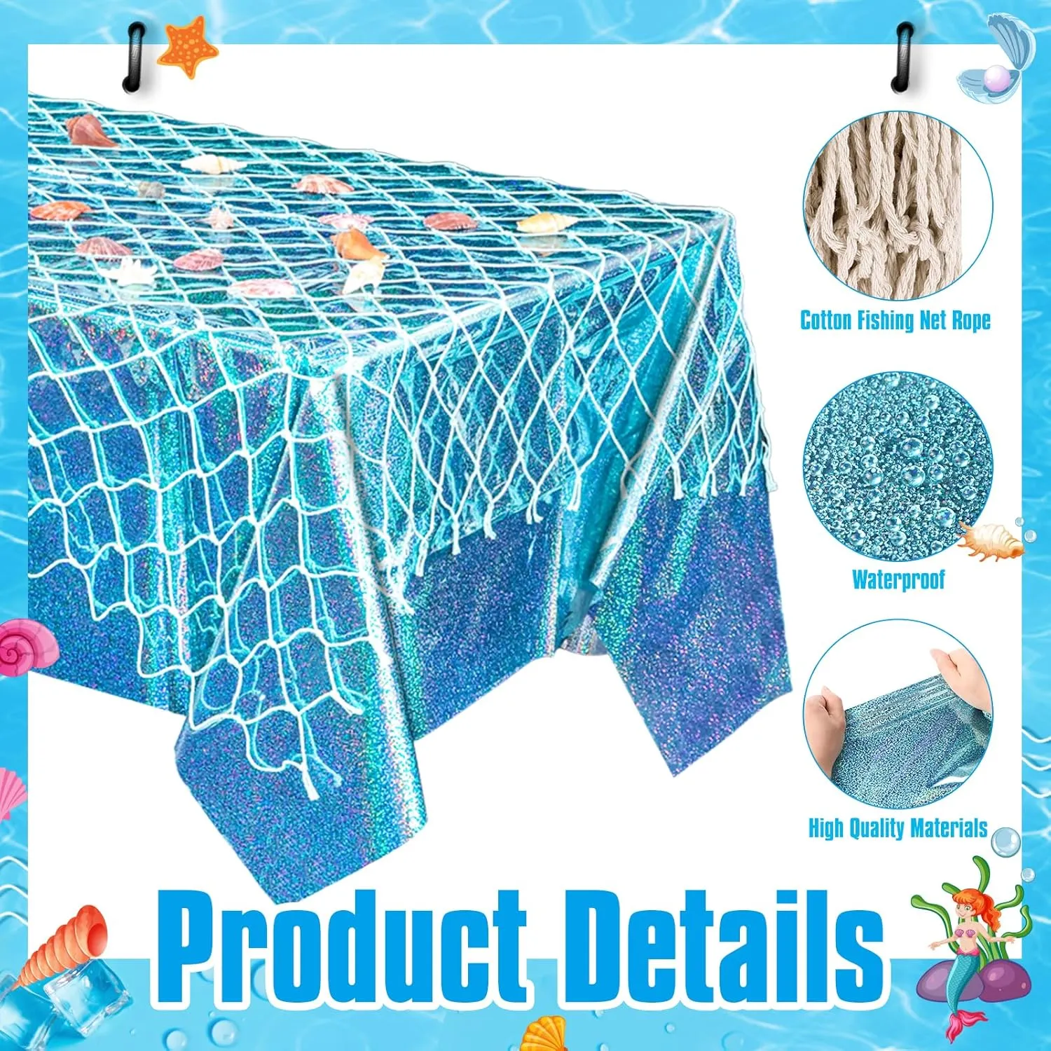 6 Pcs Fish Net Decorations and Tablecloth Set, Ocean Plastic Foil Table Cloth and Cotton Fish Net Decorations Set for Nautical Themed Party Mermaid Birthday Party Baby Shower Pirate Decorations