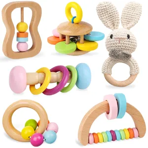 6 PCS Wooden Baby Rattle, Organic Colorful Baby Hand Rattles Set, Wood Rattles for Babies 0-6-12 Months, Wooden Teether Crochet Rattle Toy for Newborn Infant, Montessori Toys for Babies 0-6 Months