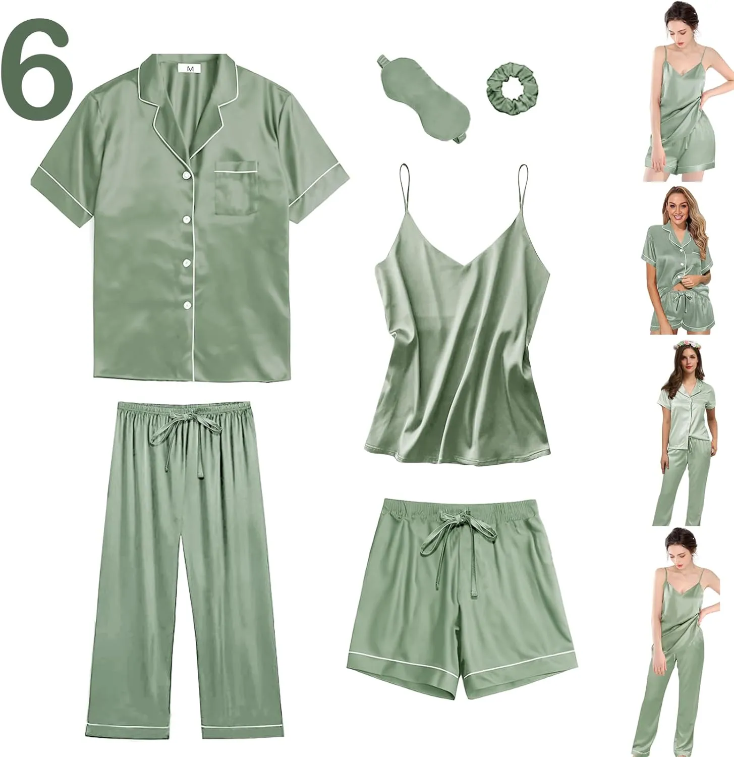 6Pcs Womens Silk Satin Pajama Sets Pj Sets Short Pjs Set Pajamas Sleepwear Camisole Sexy Cami