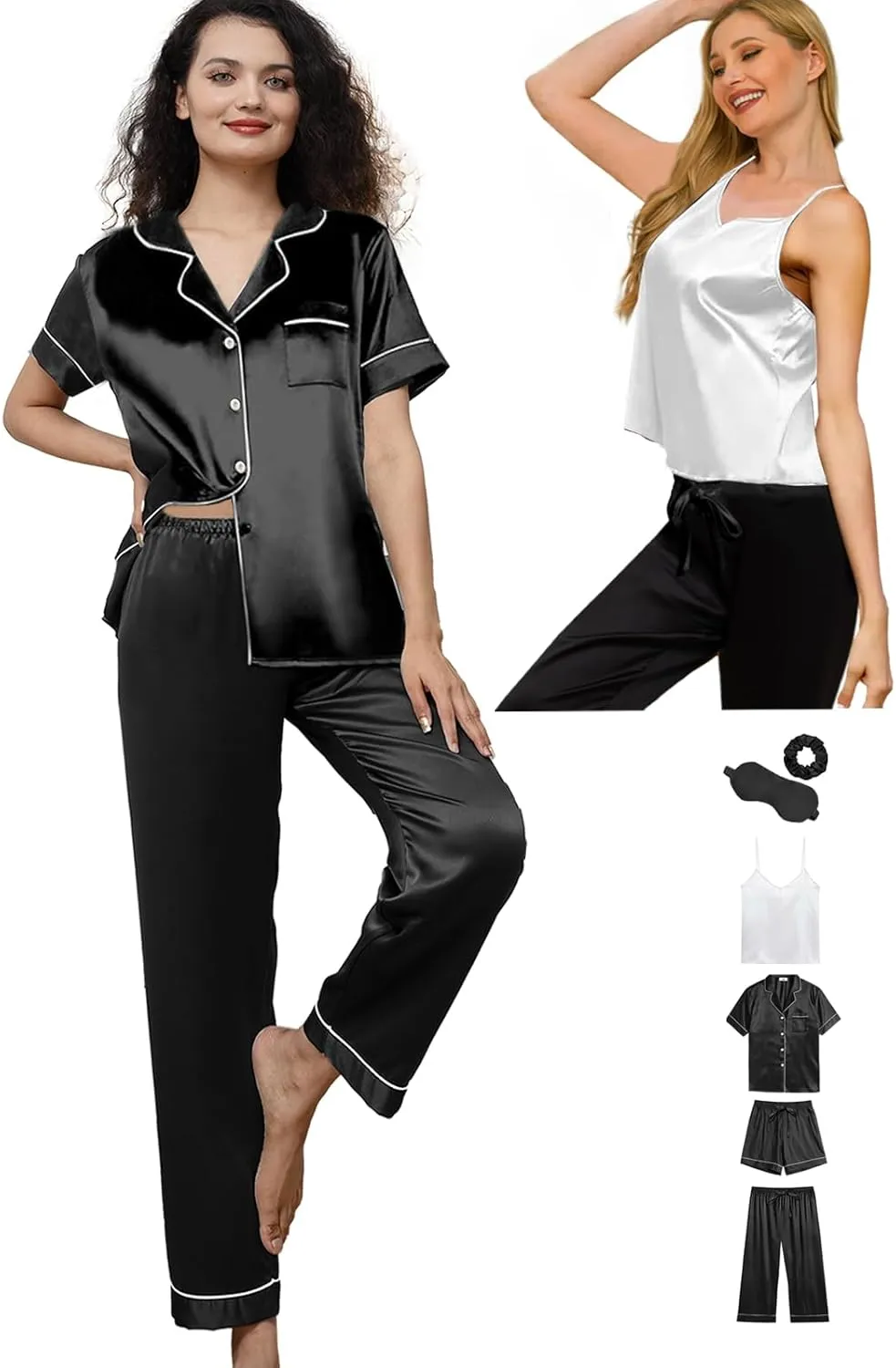 6Pcs Womens Silk Satin Pajama Sets Pj Sets Short Pjs Set Pajamas Sleepwear Camisole Sexy Cami