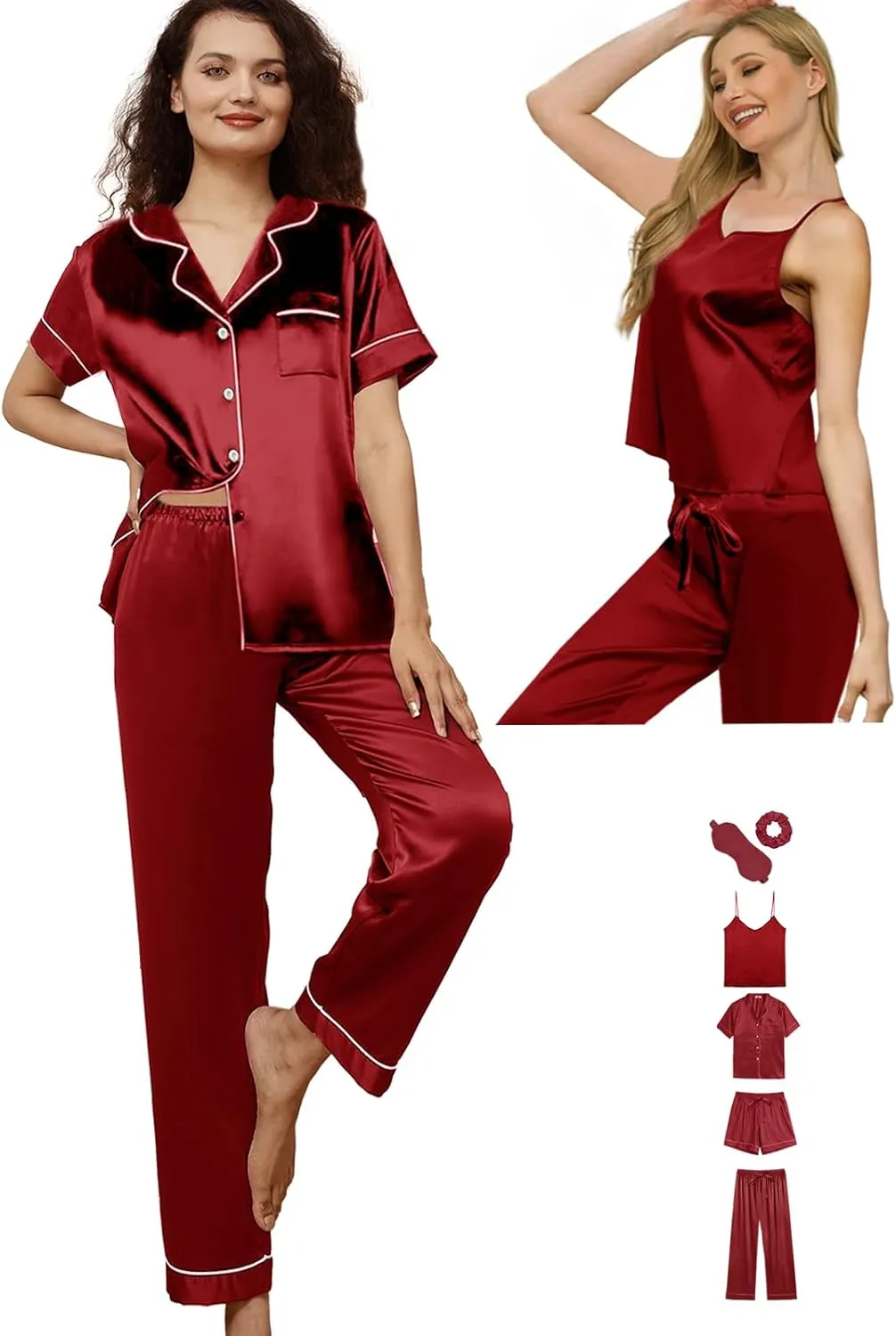 6Pcs Womens Silk Satin Pajama Sets Pj Sets Short Pjs Set Pajamas Sleepwear Camisole Sexy Cami