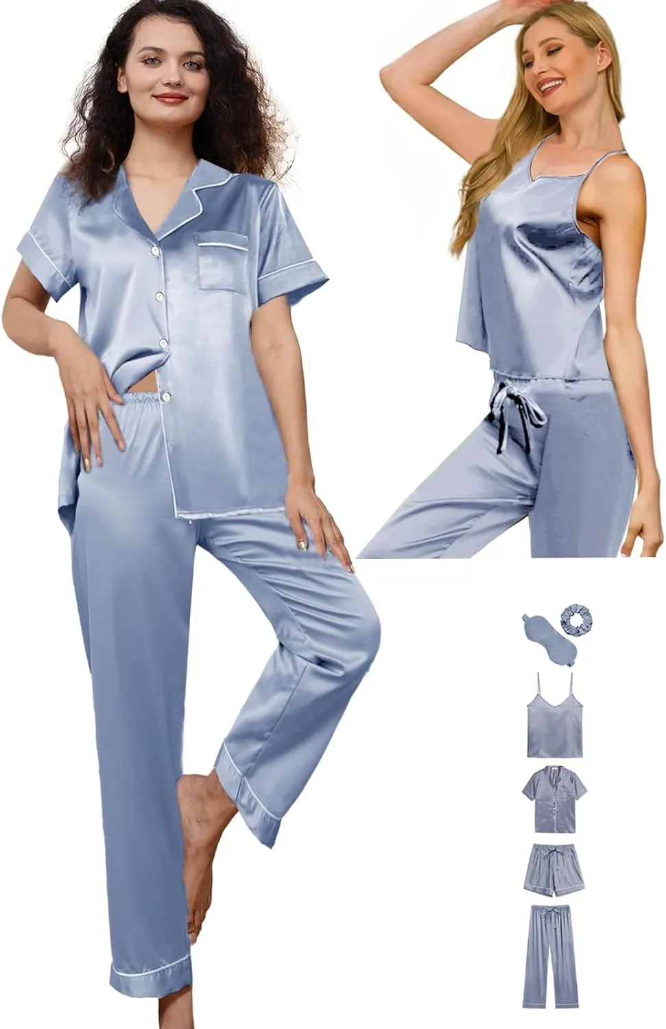 6Pcs Womens Silk Satin Pajama Sets Pj Sets Short Pjs Set Pajamas Sleepwear Camisole Sexy Cami