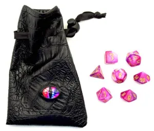 7 Gaming Dice in a Black PVC Bag with and Eye on the Bag