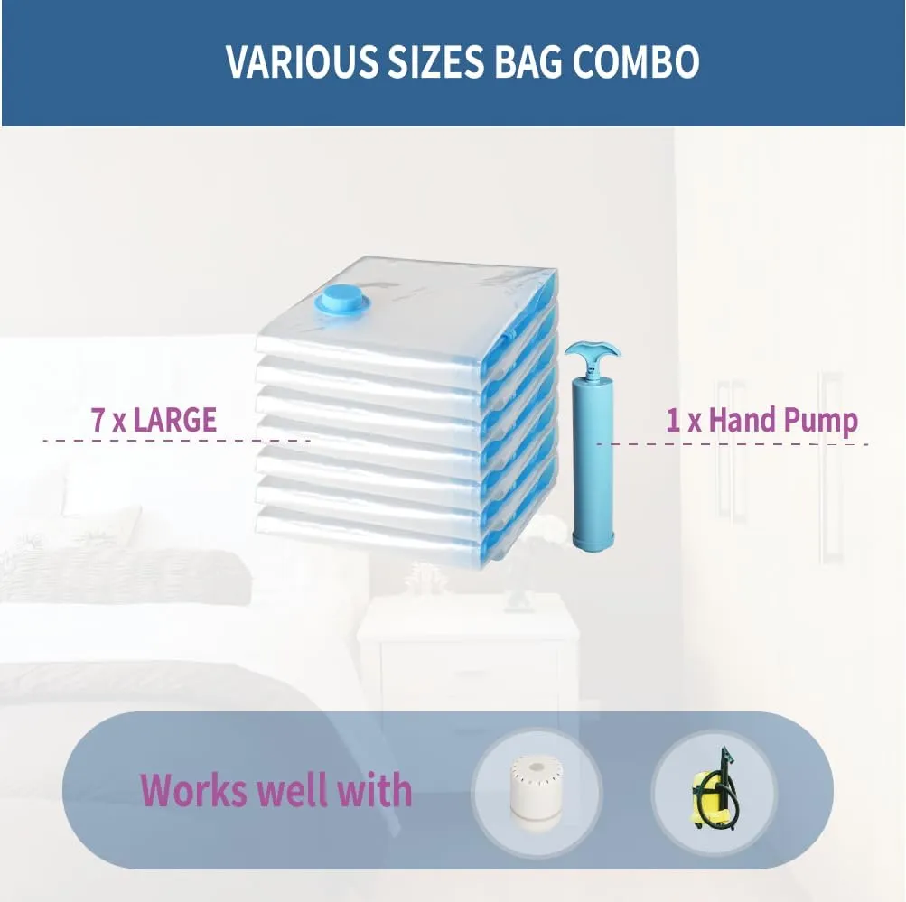 7 Pack Large Space Saver Vacuum Storage Bags for Clothing Travel, Vacuum Seal Compression Bags for Clothes, Packing, Luggage, Blankets, Comforters and Pillows, Hand Pump Included