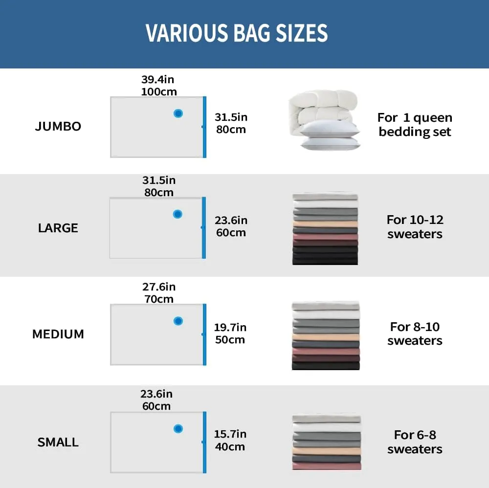 7 Pack Large Space Saver Vacuum Storage Bags for Clothing Travel, Vacuum Seal Compression Bags for Clothes, Packing, Luggage, Blankets, Comforters and Pillows, Hand Pump Included