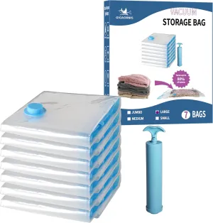 7 Pack Large Space Saver Vacuum Storage Bags for Clothing Travel, Vacuum Seal Compression Bags for Clothes, Packing, Luggage, Blankets, Comforters and Pillows, Hand Pump Included