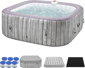 73" Inflatable Hot Tub,4-6 Person,Portable Ourdoor Spa with 130 Soothing Bubble Jets,Insulated Cover and 6 Replaceable Filters,Smart Heating up to 104°F,110-120V Input (Wood Grain Square)