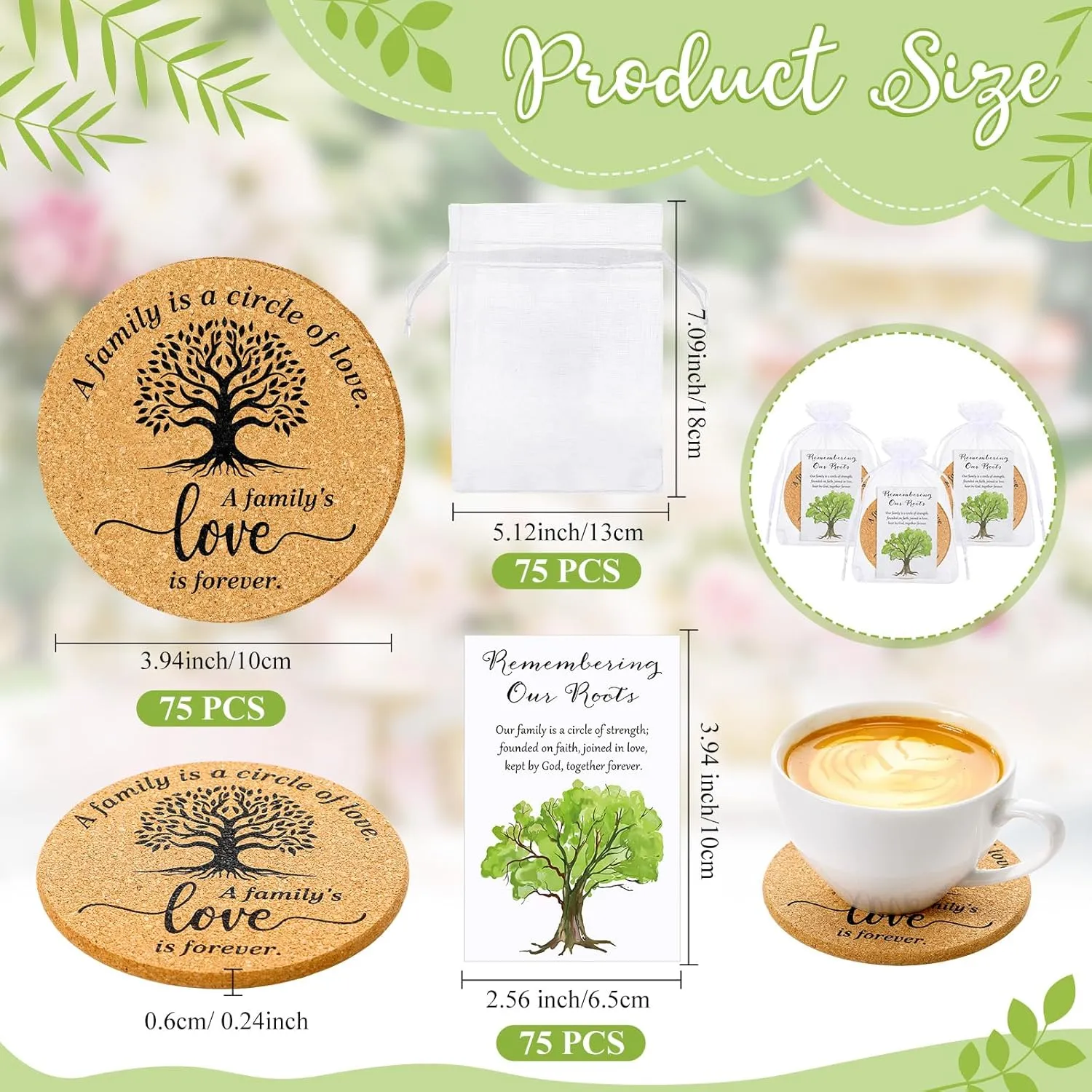 75 Sets Family Reunion Favors Include a Family is a Circle of Love Cork Coaster Absorbent Cork Mat with Cards and Organza Gift Bags for Reunion Gathering Party Gift